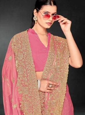 Light pink color zari embroidery work fendy silk blend designer saree with blouse 2