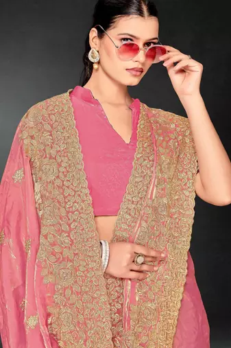 Light pink color zari embroidery work fendy silk blend designer saree with blouse