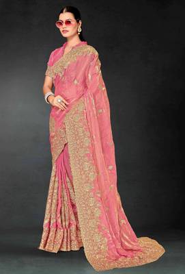 Light pink color zari embroidery work fendy silk blend designer saree with blouse 3