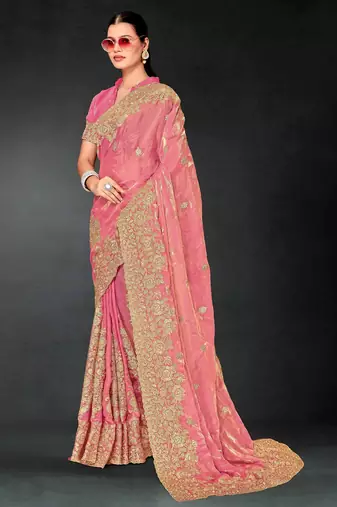 Light pink color zari embroidery work fendy silk blend designer saree with blouse
