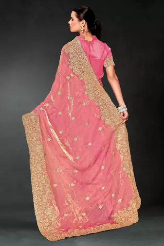 Light pink color zari embroidery work fendy silk blend designer saree with blouse