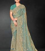 Pista color zari embroidery work fendy silk designer saree with blouse