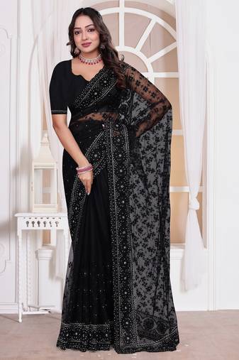 Black color resham embroidery work zarkhan diamond work net saree with blouse