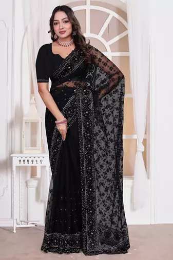 Black color resham embroidery work zarkhan diamond work net saree with blouse