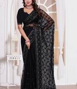Black color resham embroidery work zarkhan diamond work net saree with blouse