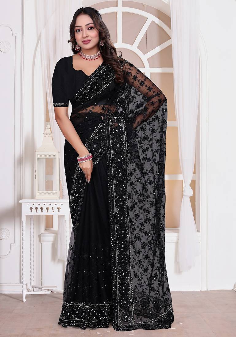Black color resham embroidery work zarkhan diamond work net saree with blouse
