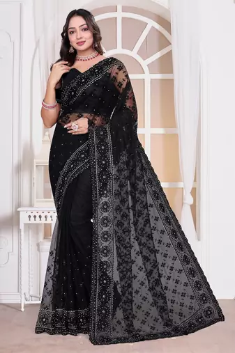 Black color resham embroidery work zarkhan diamond work net saree with blouse