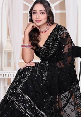 Black resham embroidery work zarkhan diamond work net saree with blouse 3