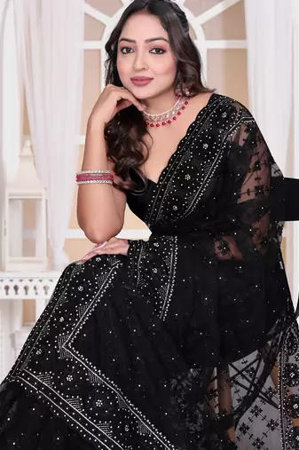Black color resham embroidery work zarkhan diamond work net saree with blouse