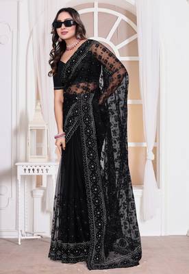 Black resham embroidery work zarkhan diamond work net saree with blouse 4