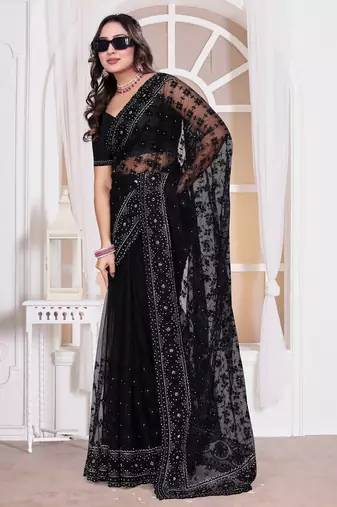 Black color resham embroidery work zarkhan diamond work net saree with blouse