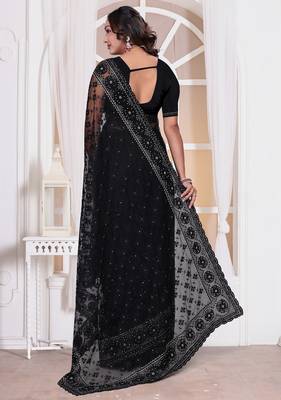 Black resham embroidery work zarkhan diamond work net saree with blouse 5