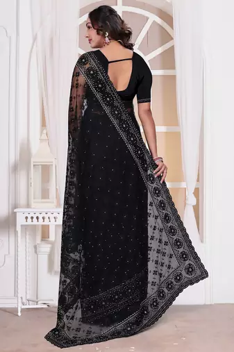 Black color resham embroidery work zarkhan diamond work net saree with blouse