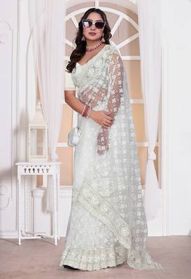 White color resham embroidery work zarkhan diamond work net saree with blouse 1