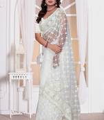 White color resham embroidery work zarkhan diamond work net saree with blouse