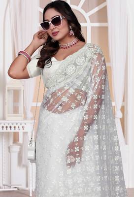 White color resham embroidery work zarkhan diamond work net saree with blouse 2