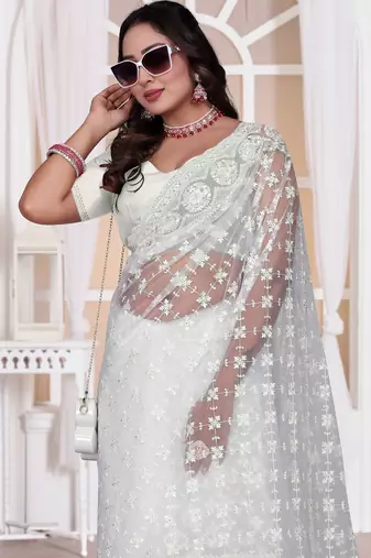 White color resham embroidery work zarkhan diamond work net saree with blouse
