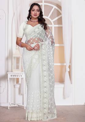 White color resham embroidery work zarkhan diamond work net saree with blouse 3