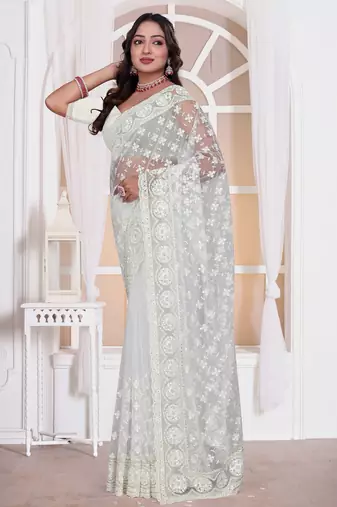 White color resham embroidery work zarkhan diamond work net saree with blouse