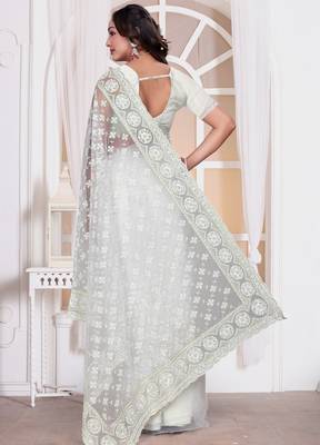 White color resham embroidery work zarkhan diamond work net saree with blouse 5