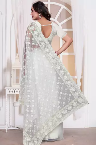 White color resham embroidery work zarkhan diamond work net saree with blouse