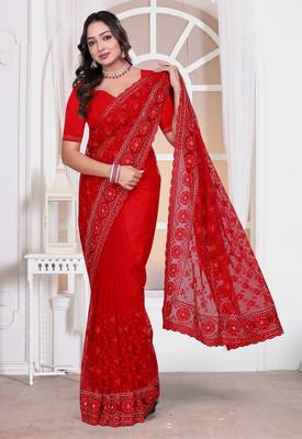 Red color resham embroidery work zarkhan diamond work net saree with blouse 1