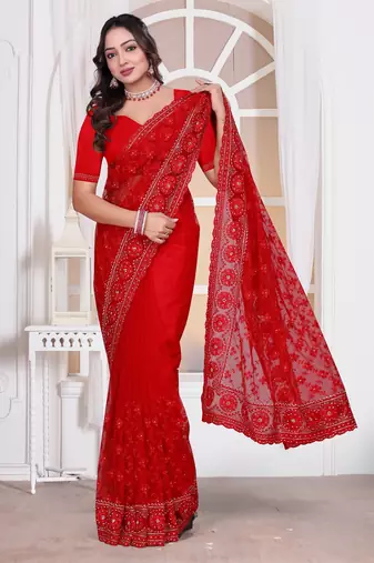 Red color resham embroidery work zarkhan diamond work net saree with blouse