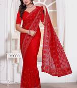 Red color resham embroidery work zarkhan diamond work net saree with blouse