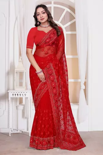 Red color resham embroidery work zarkhan diamond work net saree with blouse