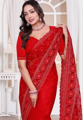 Red color resham embroidery work zarkhan diamond work net saree with blouse 3