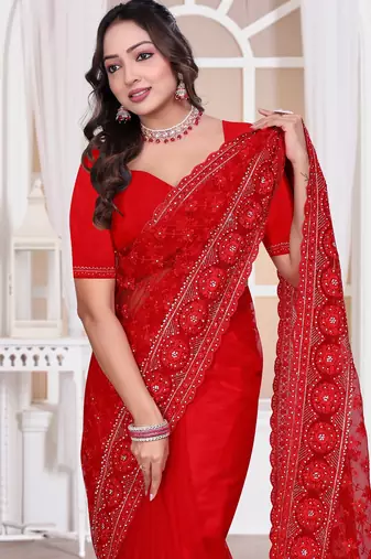Red color resham embroidery work zarkhan diamond work net saree with blouse