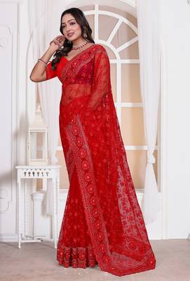Red color resham embroidery work zarkhan diamond work net saree with blouse 4