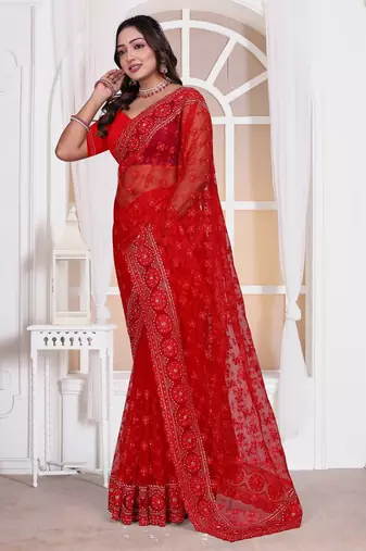 Red color resham embroidery work zarkhan diamond work net saree with blouse