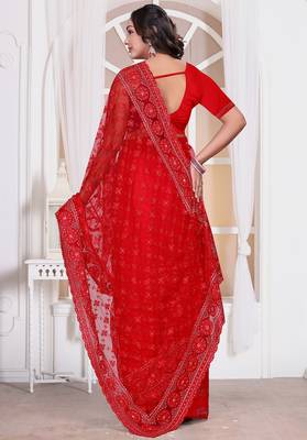 Red color resham embroidery work zarkhan diamond work net saree with blouse 5