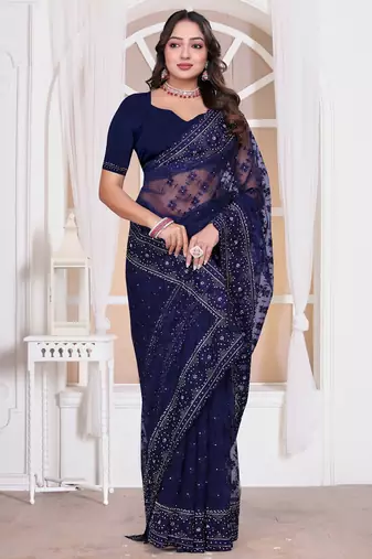 Navy blue color resham embroidery work zarkhan diamond work net saree with blouse