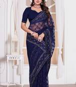Navy blue color resham embroidery work zarkhan diamond work net saree with blouse