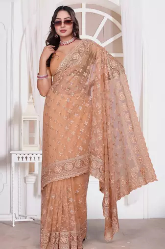 Peach color resham embroidery work zarkhan diamond work net saree with blouse