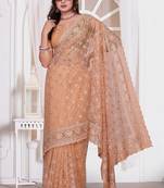 Peach color resham embroidery work zarkhan diamond work net saree with blouse