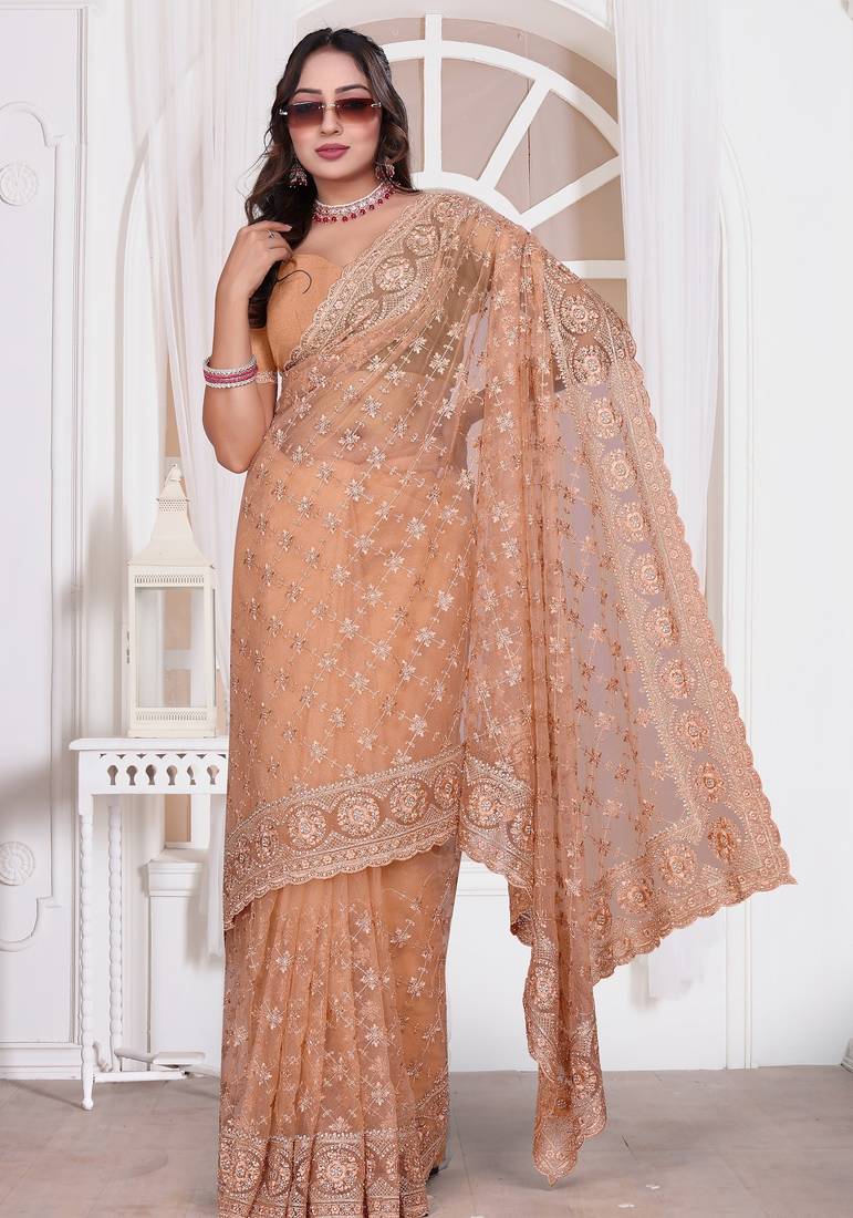 Peach color resham embroidery work zarkhan diamond work net saree with blouse