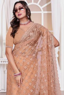 Peach color resham embroidery work zarkhan diamond work net saree with blouse 2