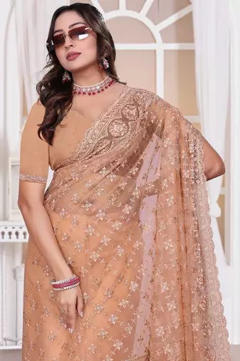 Peach color resham embroidery work zarkhan diamond work net saree with blouse