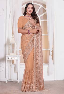 Peach color resham embroidery work zarkhan diamond work net saree with blouse 3