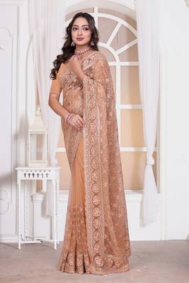 Peach color resham embroidery work zarkhan diamond work net saree with blouse 4