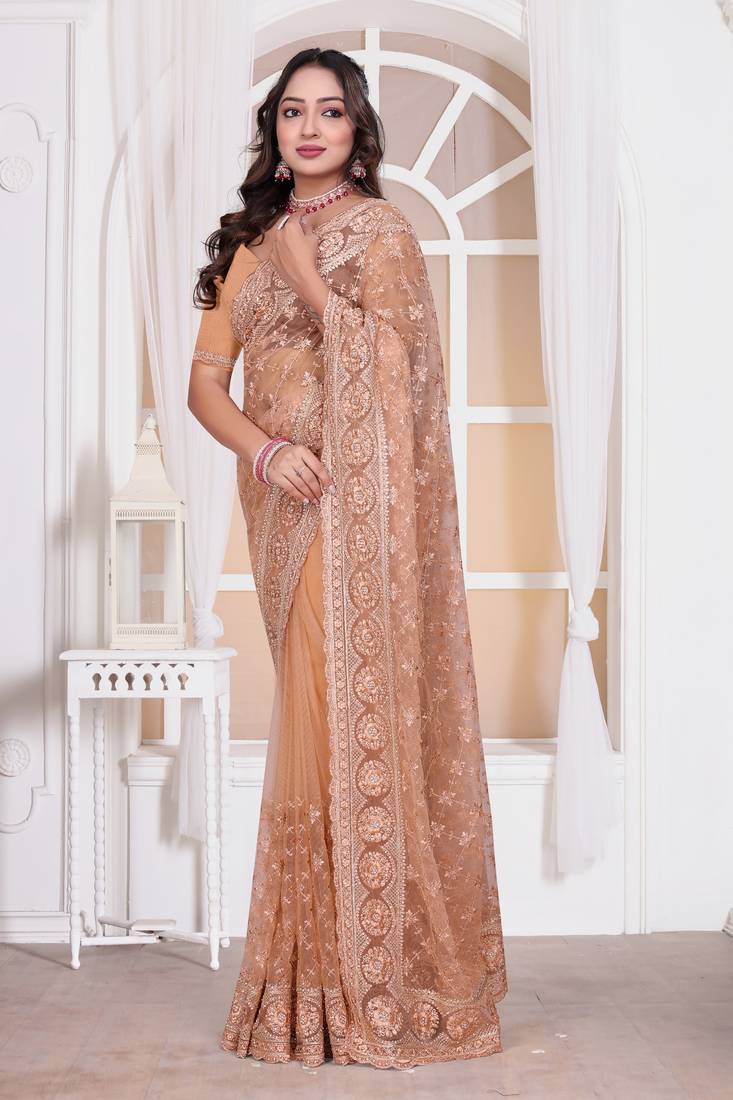 Peach color resham embroidery work zarkhan diamond work net saree with blouse