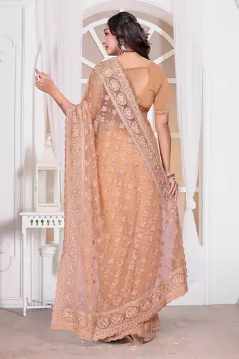 Peach color resham embroidery work zarkhan diamond work net saree with blouse