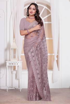 Levender color resham embroidery work zarkhan diamond work net saree with blouse 1