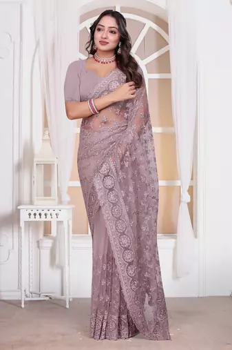 Levender color resham embroidery work zarkhan diamond work net saree with blouse
