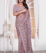 Levender color resham embroidery work zarkhan diamond work net saree with blouse