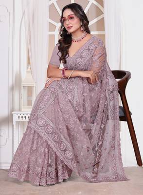 Levender color resham embroidery work zarkhan diamond work net saree with blouse 2