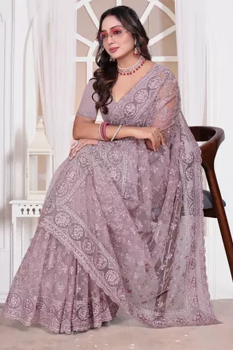 Levender color resham embroidery work zarkhan diamond work net saree with blouse